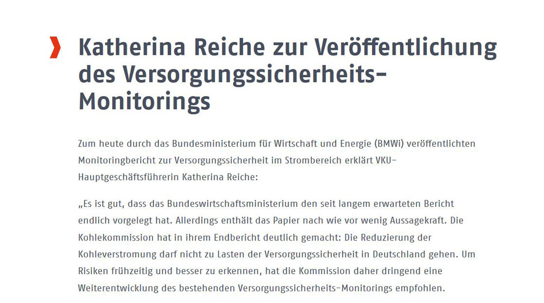 VKU: Katherina Reiche zur Veröffentlichung des Versorgungssicherheits-Monitorings